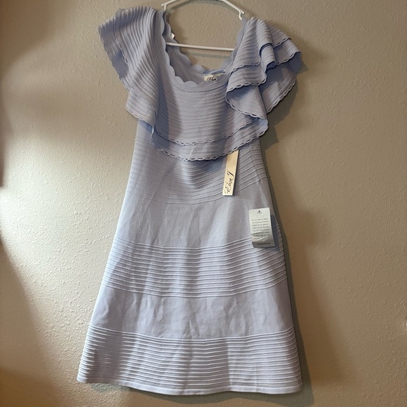 ELIZA J Women’s Baby Blue Off the Shoulder Sheath Dress Ruffle Neckline Size L - Picture 3 of 7